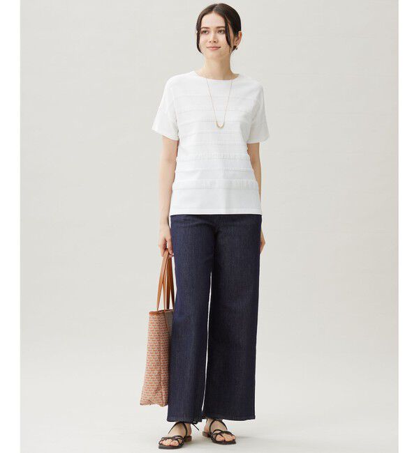 自由区「【接触冷感・UVカット・洗える】クレープストレッチボーダー ニット」|ニット・セーター|