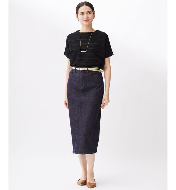 自由区「【接触冷感・UVカット・洗える】クレープストレッチボーダー ニット」|ニット・セーター|