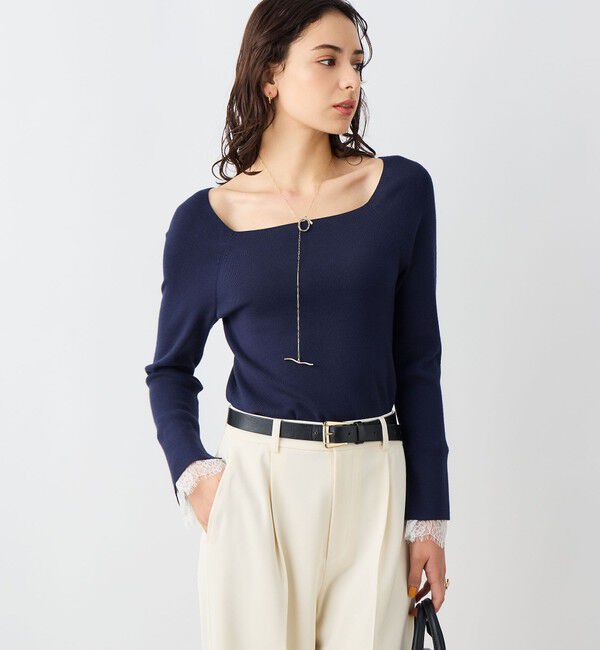 NOLLEY'S sophi「《手洗い可能》袖口レース取り外し可総針スクエアネックプルオーバー」|ニット・セーター|ダークネイビー