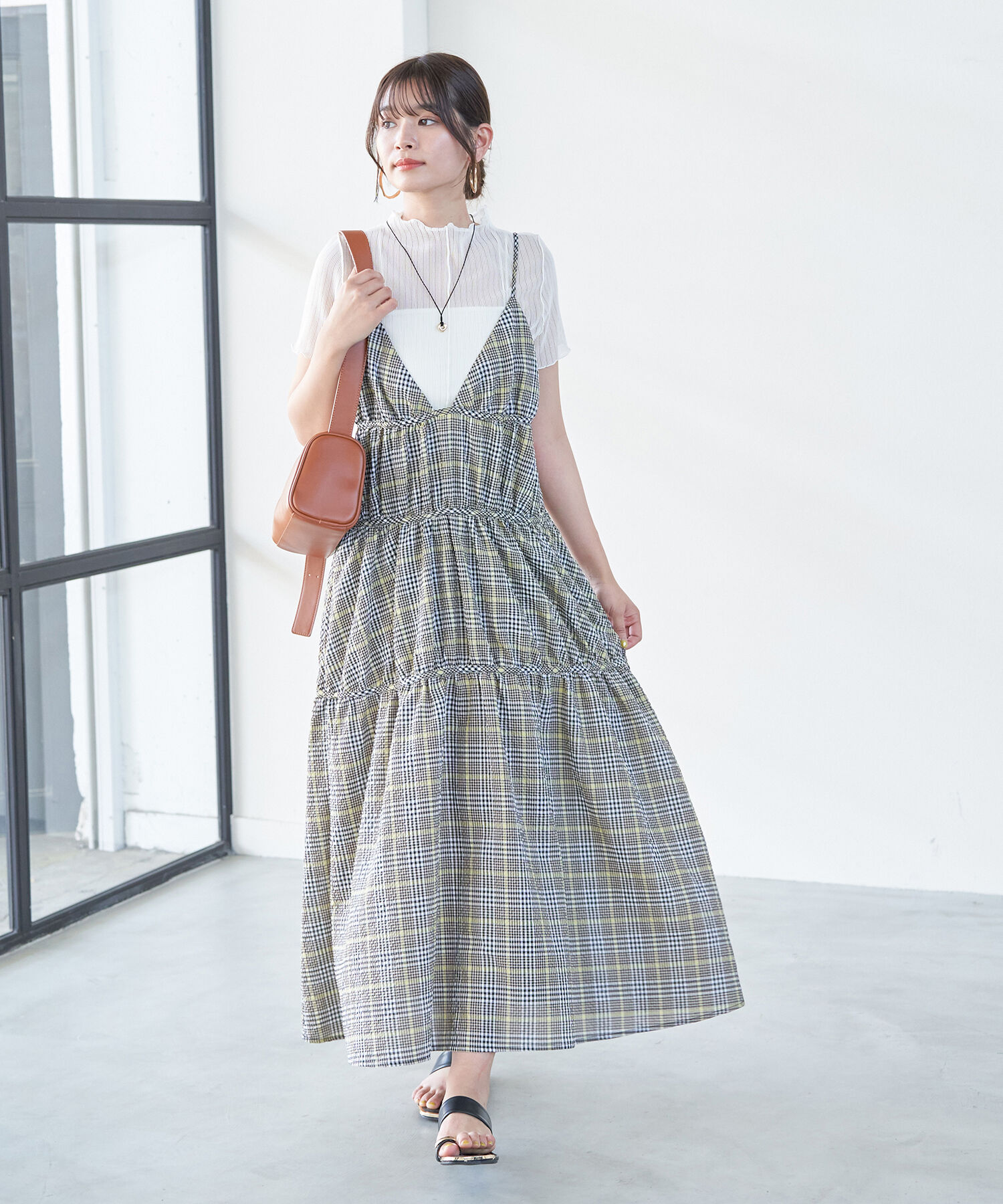 VIS「ふくれチェックキャミワンピ」|ジャンパースカート|