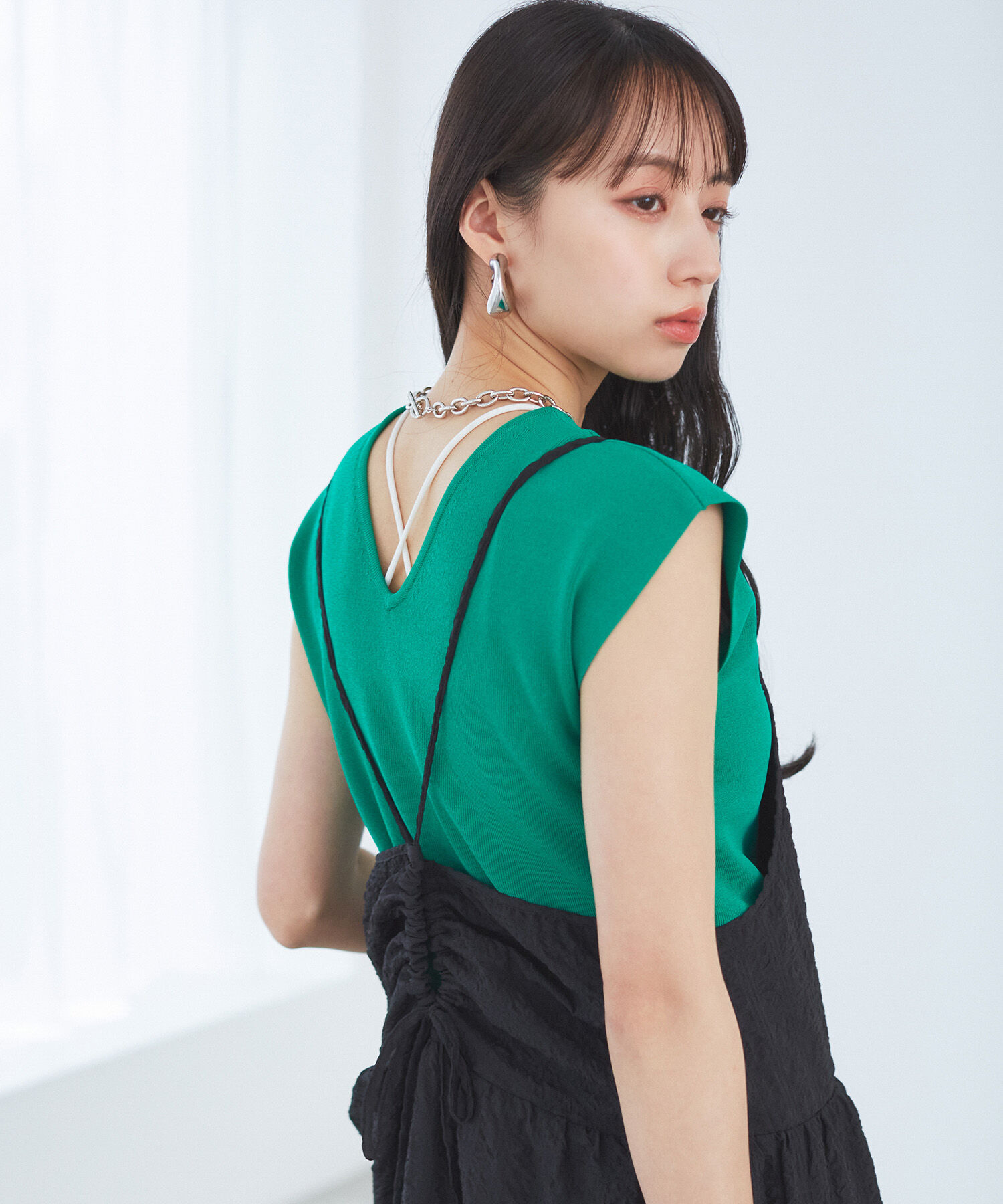 VIS「【洗える】ぽこぽこチェック柄ティアードキャミワンピース」|ワンピース|