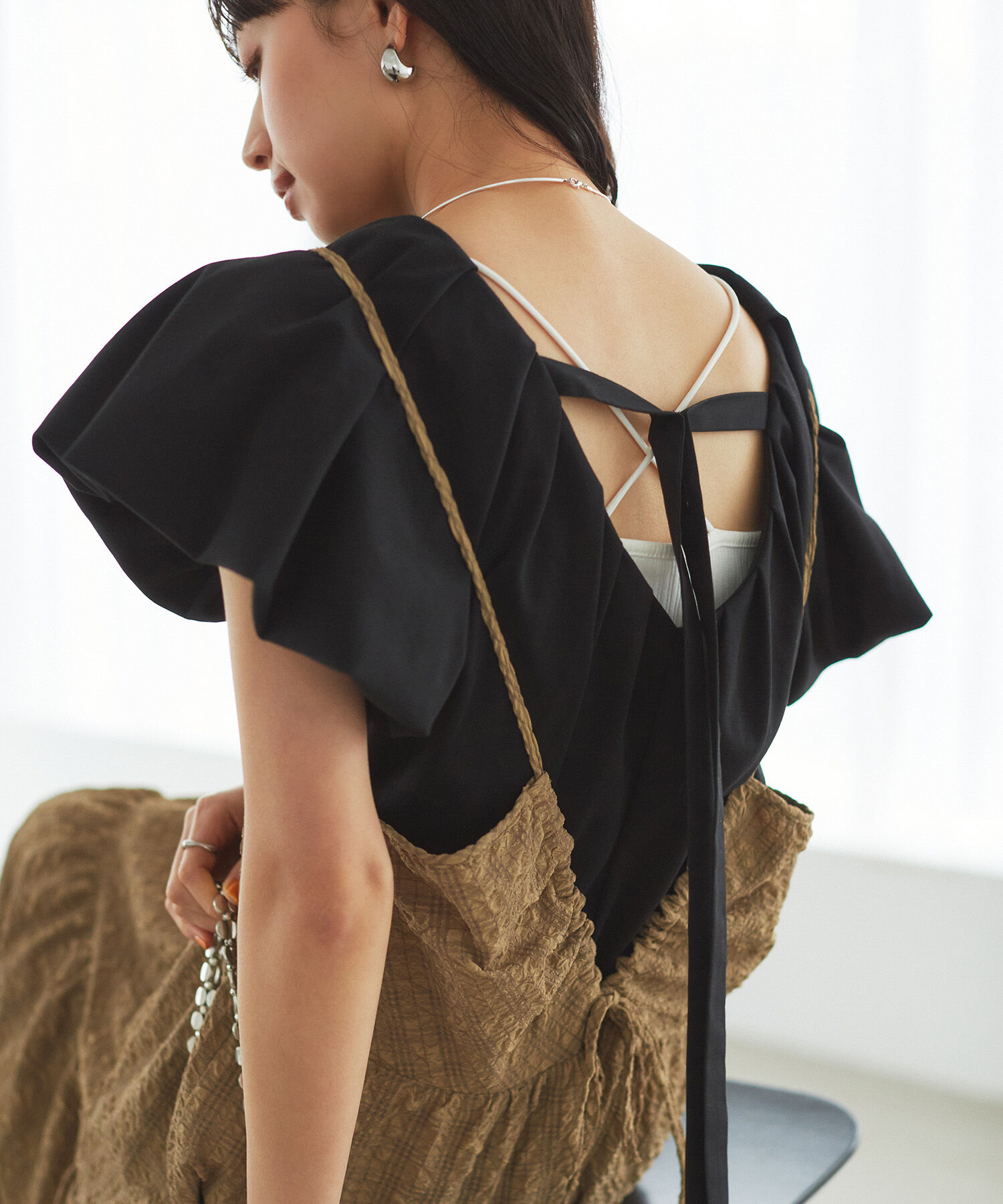 VIS「【洗える】ぽこぽこチェック柄ティアードキャミワンピース」|ワンピース|