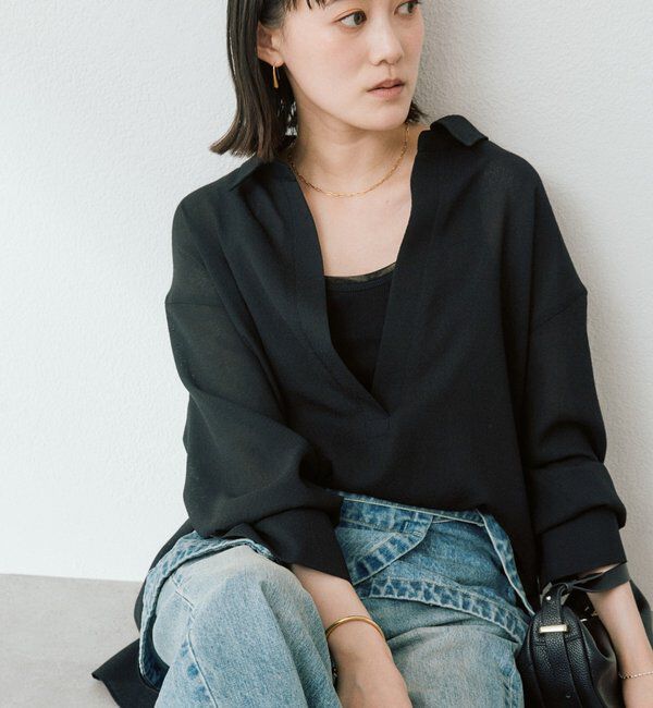  「予約【涼し気な抜け感】メッシュスキッパーシャツ」|シャツ・ブラウス|ブラック