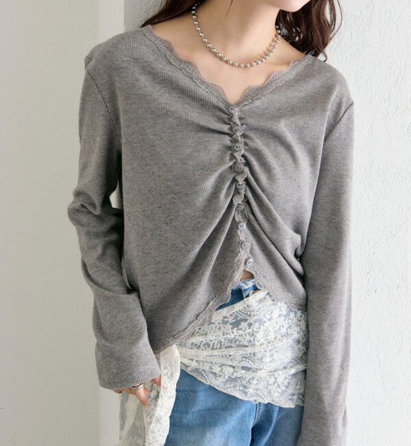  「ギャザーレースリブカーディガン」|Tシャツ・カットソー|