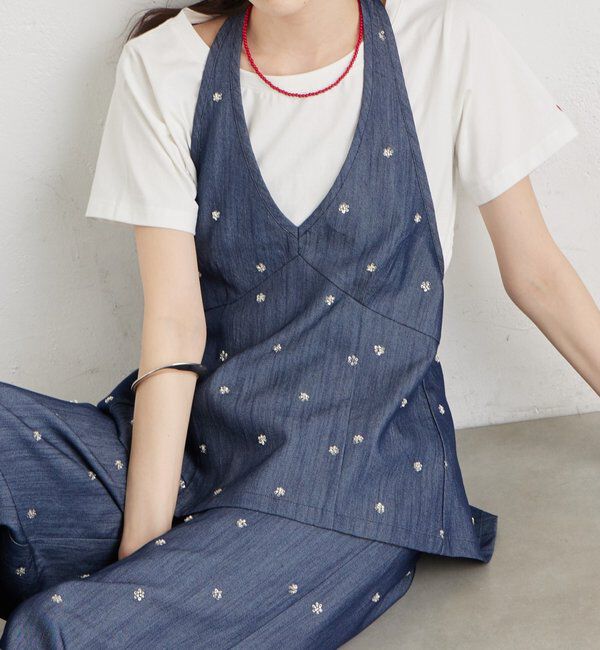  「ビジューフラワーホルタービスチェ」|シャツ・ブラウス|ブルー