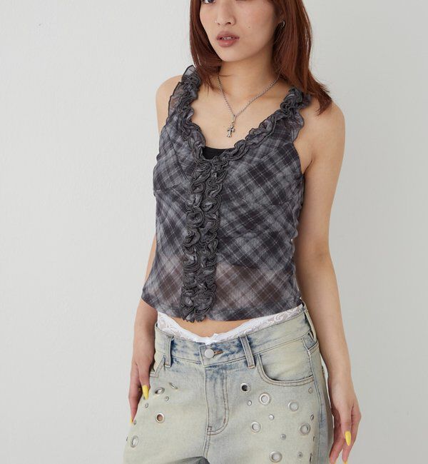  「センターフリルキャミ(チェック柄/ドット柄)」|キャミソール|