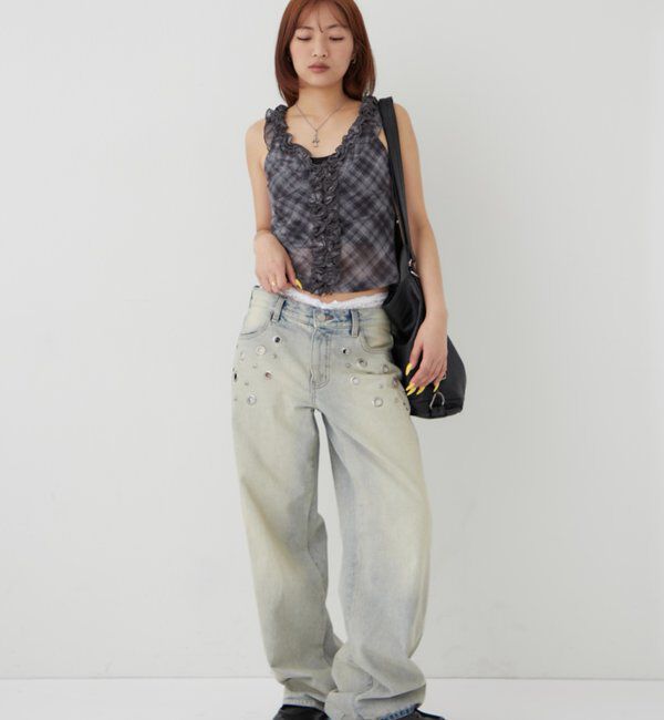  「センターフリルキャミ(チェック柄/ドット柄)」|キャミソール|