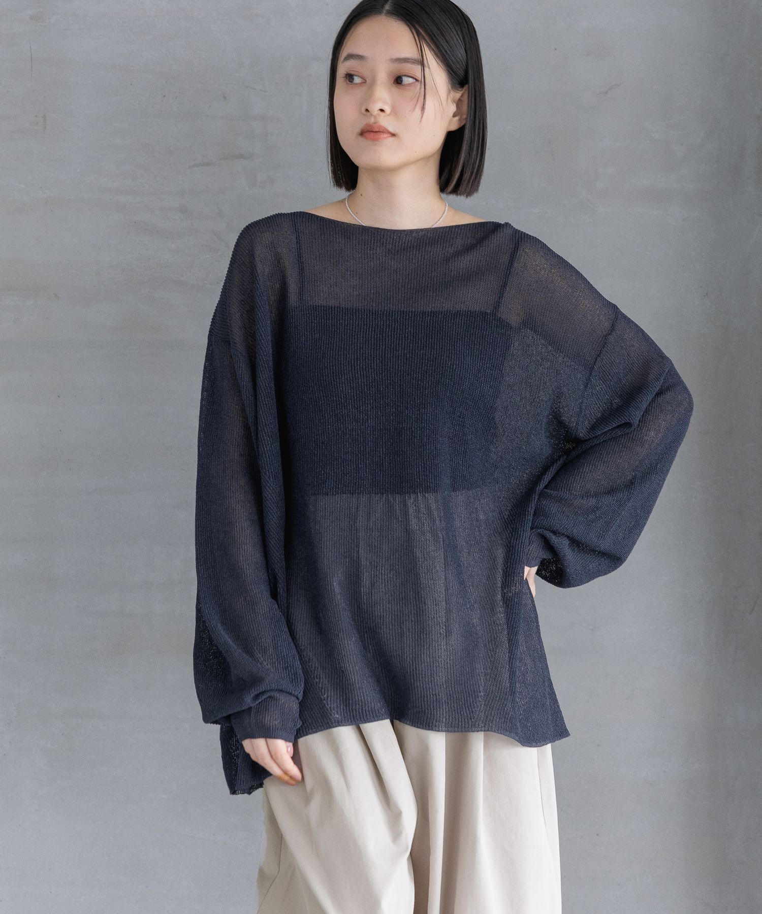 A part by 「シアーペーパーニットプルオーバー_長袖」|ニット・セーター|ネイビー