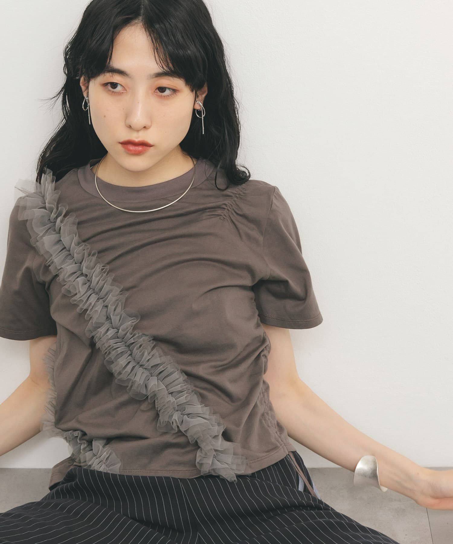  「シャーリングフリルTEE」|Tシャツ・カットソー|ブラウン系その他