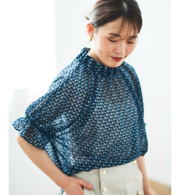  「シフォン幾何柄プリントブラウス」|シャツ・ブラウス|ネイビー柄