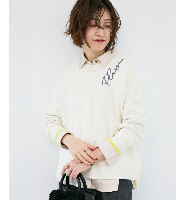  「《手洗い可能》ネック刺繍クルーネックニット」|ニット・セーター|