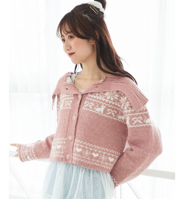 「襟付きネコチャンジャカードカーデ」|カーディガン|