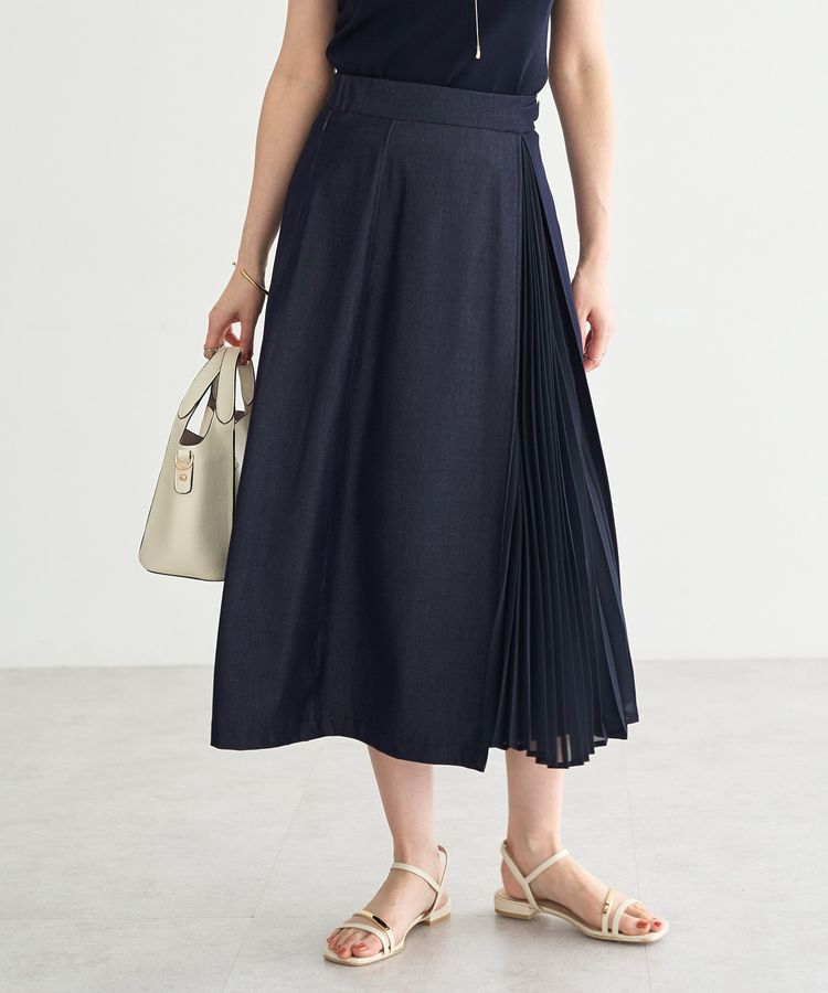 YECCA VECCA「プリーツMIXフレアスカート」|フレア|Navy