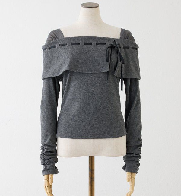  「配色リボンオフショルトップス」|プルオーバー|チャコールグレー
