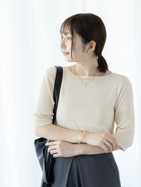 Te chichi TERRASSE「ボートネックハーフスリーブリブニット」|ニット・セーター|オフホワイト