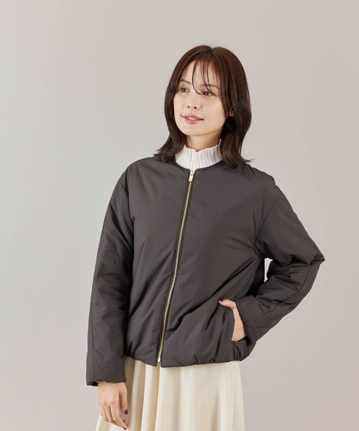 INED「《大きいサイズ》ノーカラー中綿ブルゾン　」|その他|