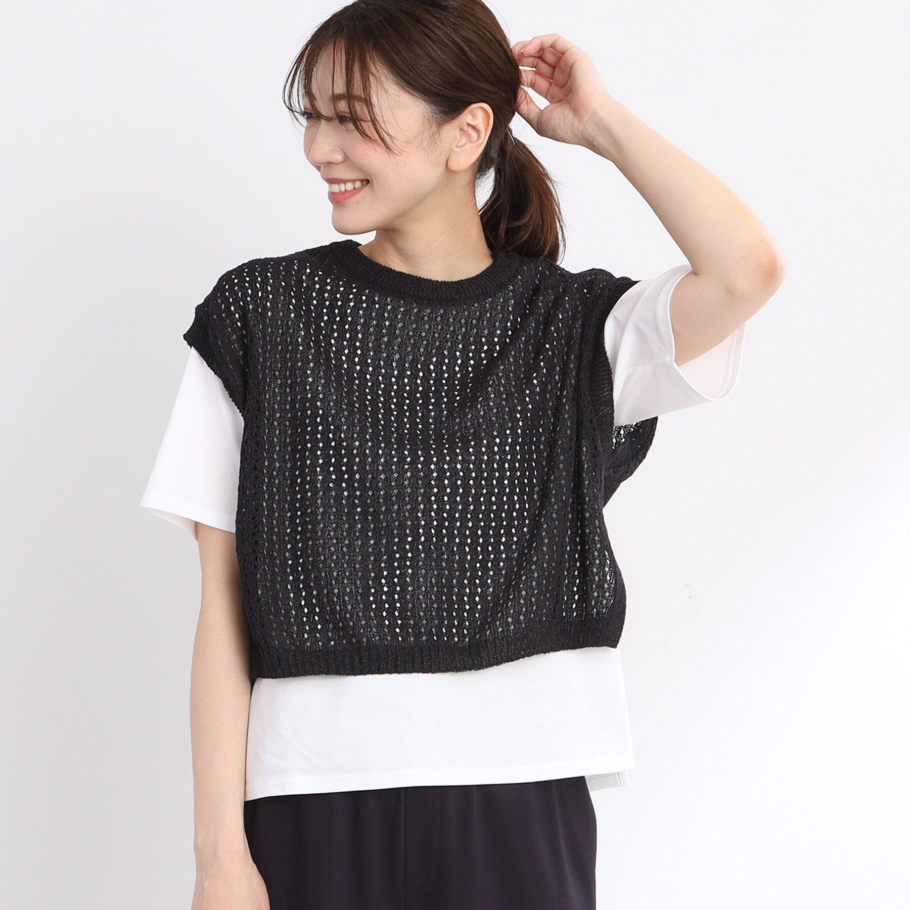 Reflect「【手洗い可】メッシュニットベスト」|ニット・セーター|ブラック(019)