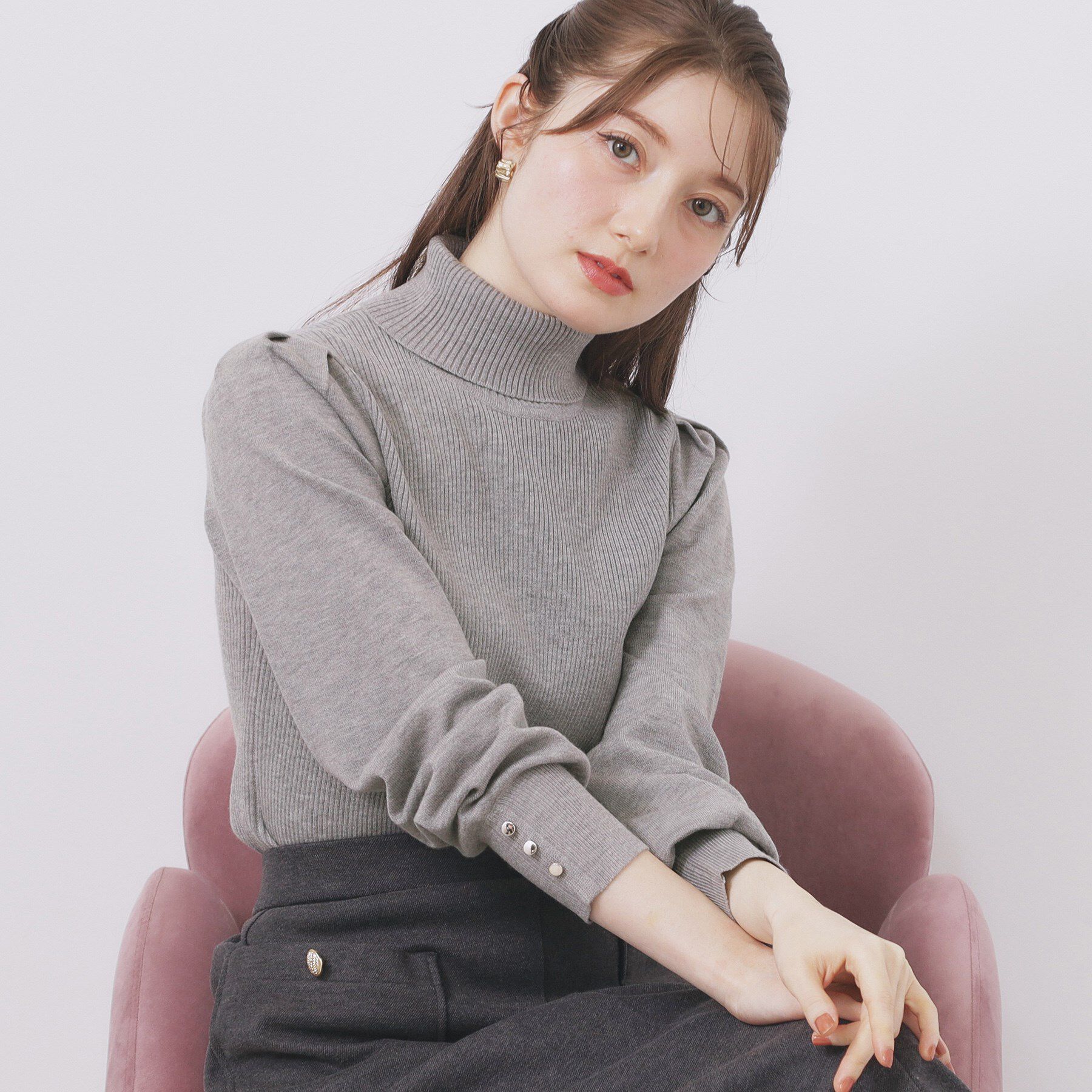 index「タートルネックタックパフスリーブニット【洗濯機OK】」|ニット・セーター|グレー(812)