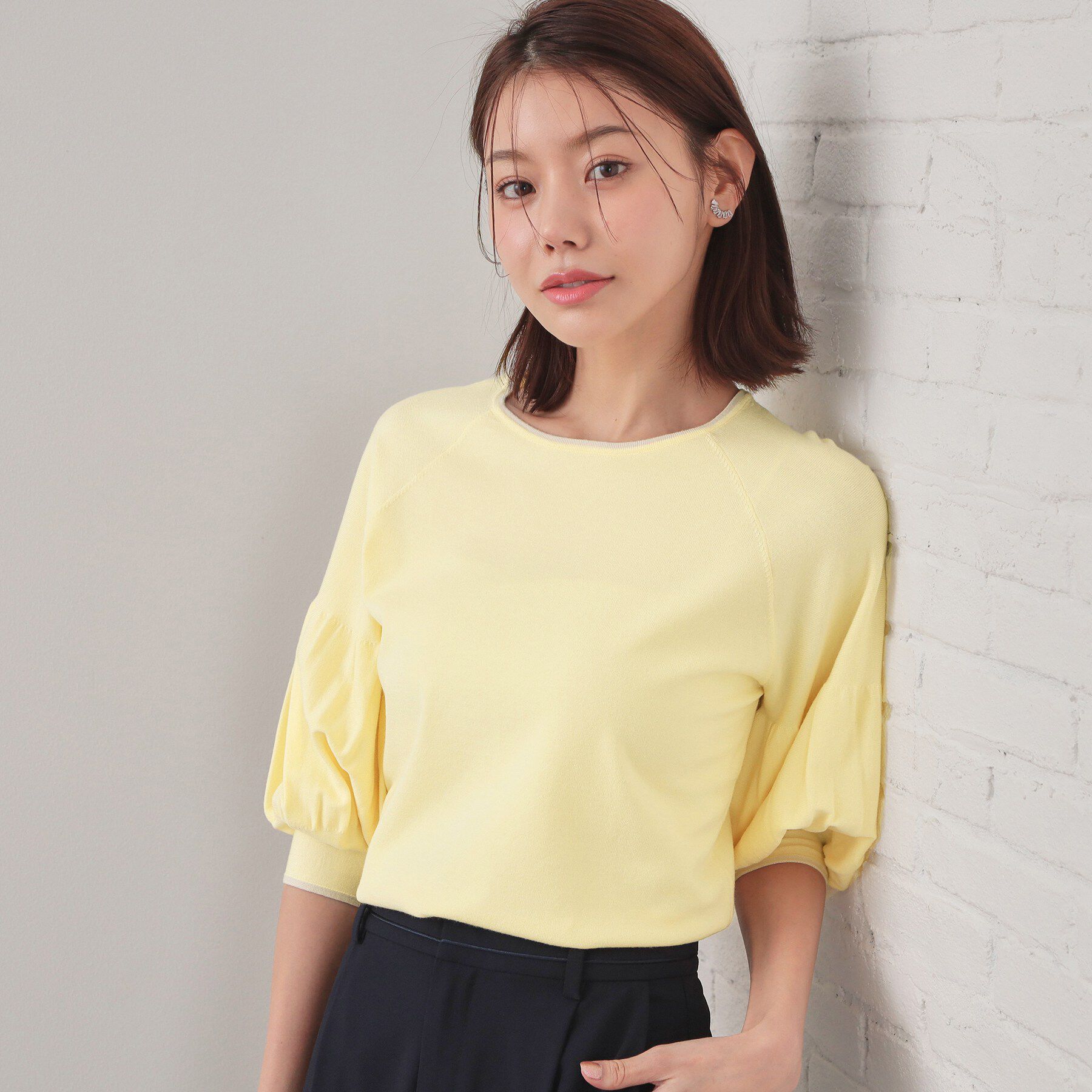 index「バルーン風スリーブバイカラーニット【洗濯機OK】」|ニット・セーター|ライトイエロー(83