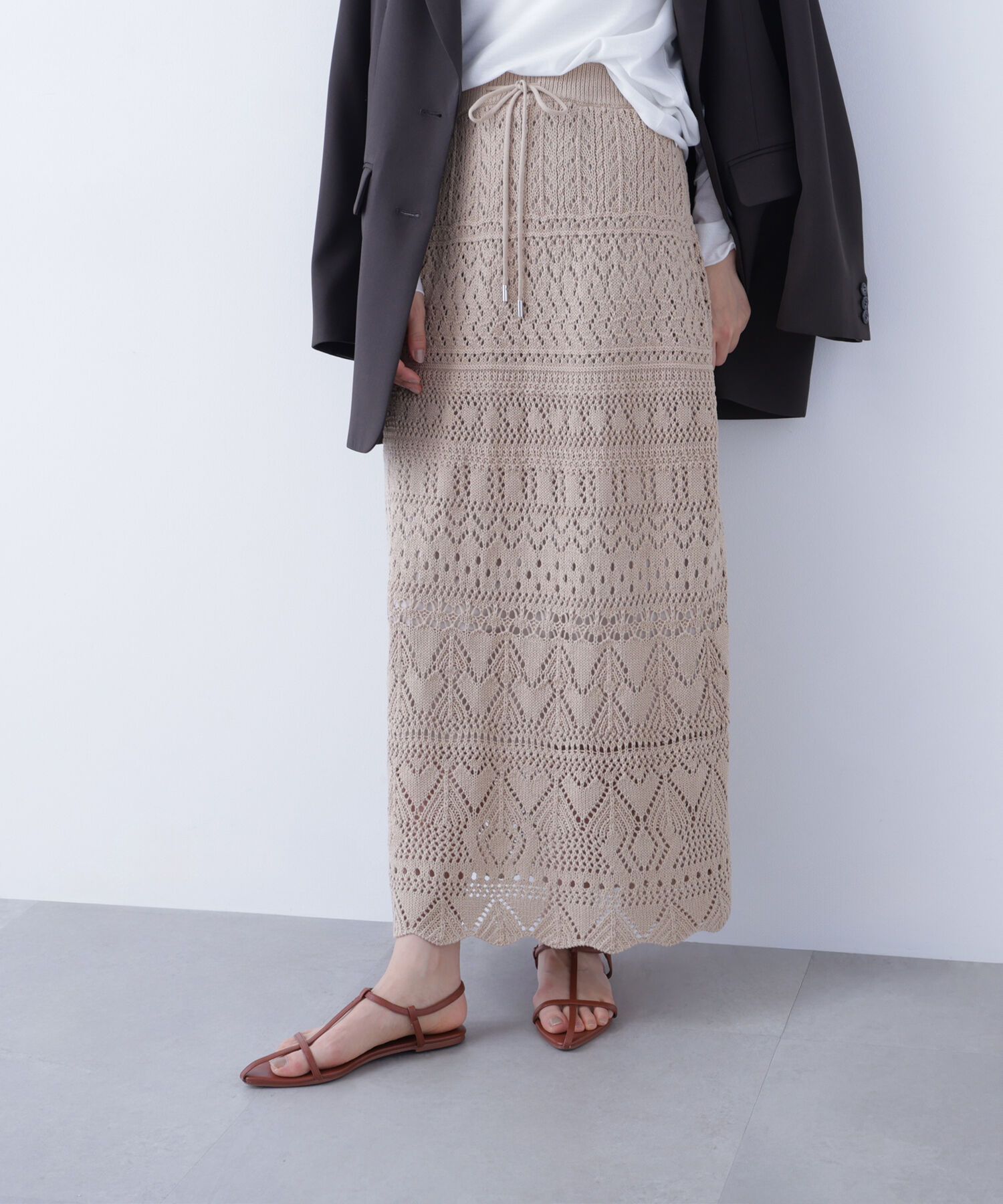  「〈N.〉カギアミ風ニットスカート」|スカート|ベージュ