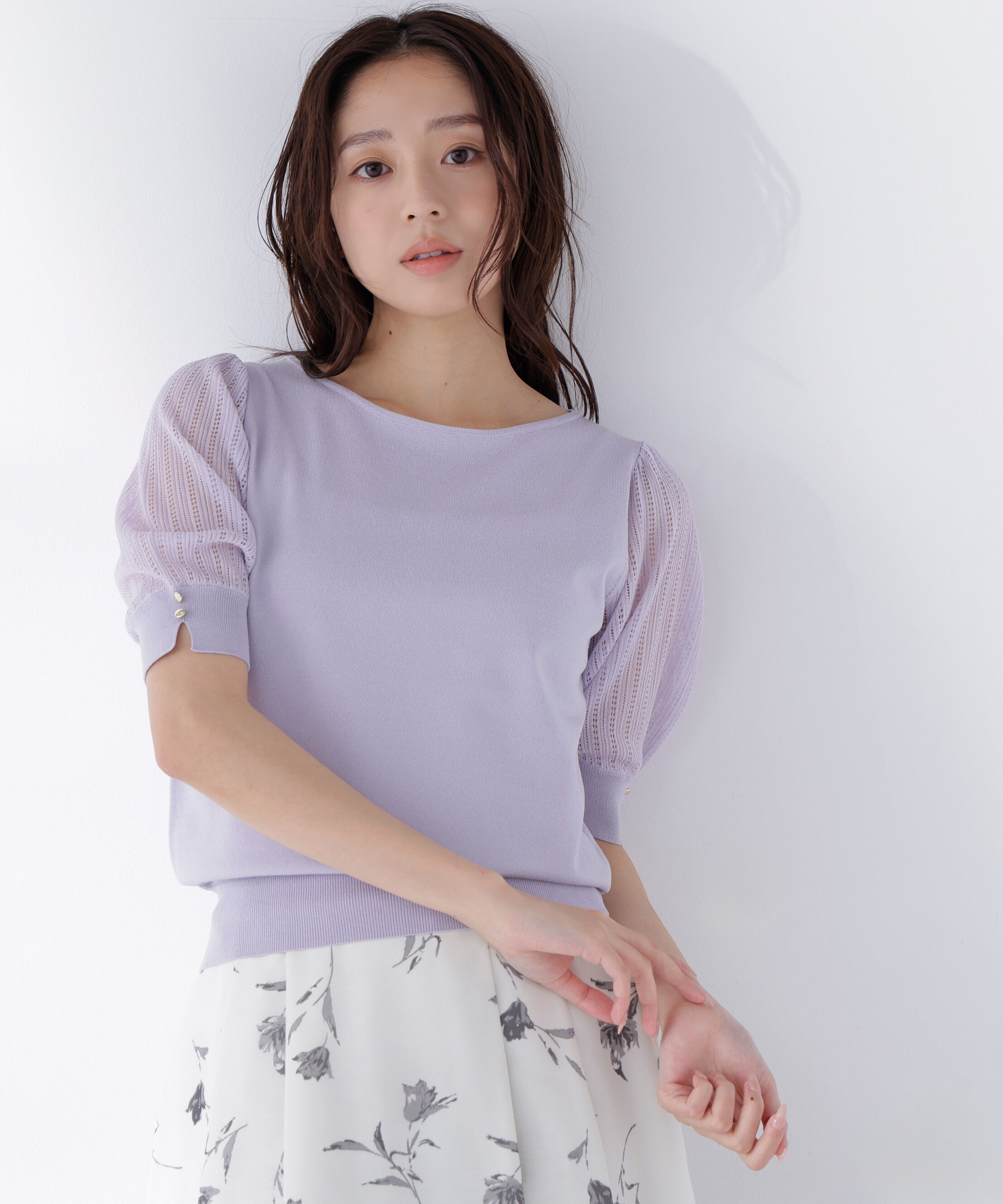  「透かし編みスリーブニット」|ニット・セーター|ラベンダー