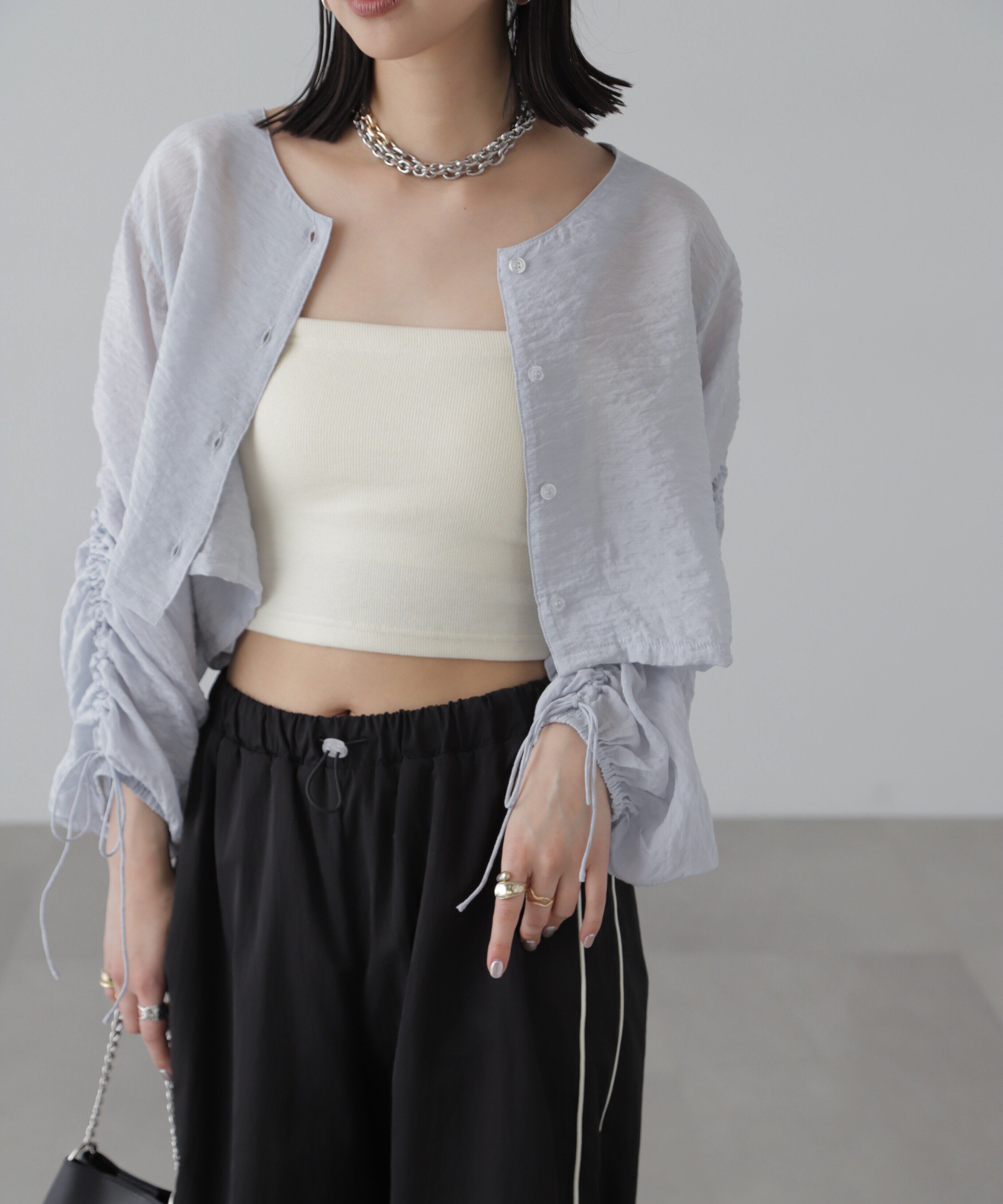  「［グレーカラーWEB限定］袖ドロストギャザーボレロ」|シャツ・ブラウス|グレー(WEB限定)