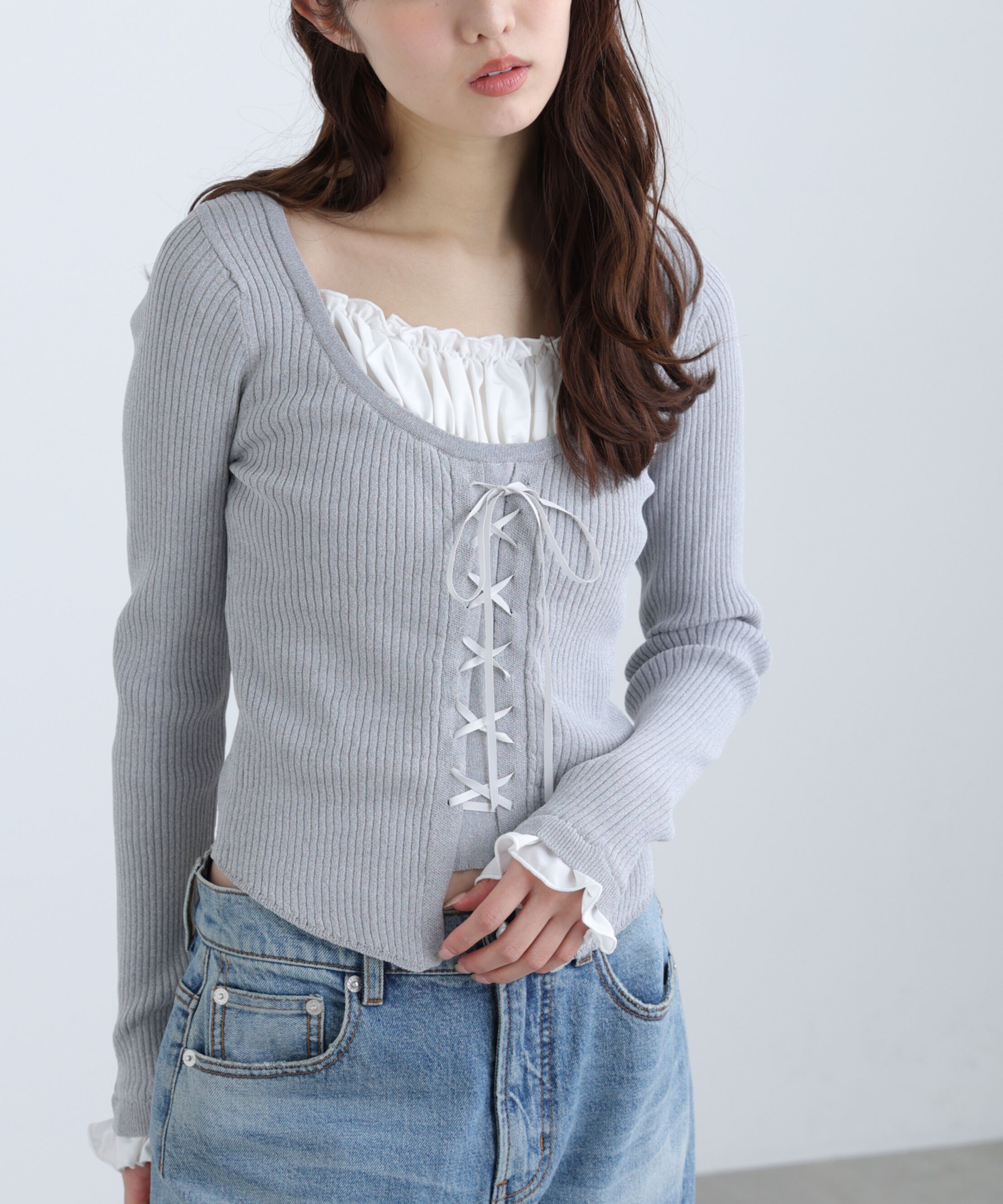 「インナードッキングレースアップリブニット」|ニット・セーター|