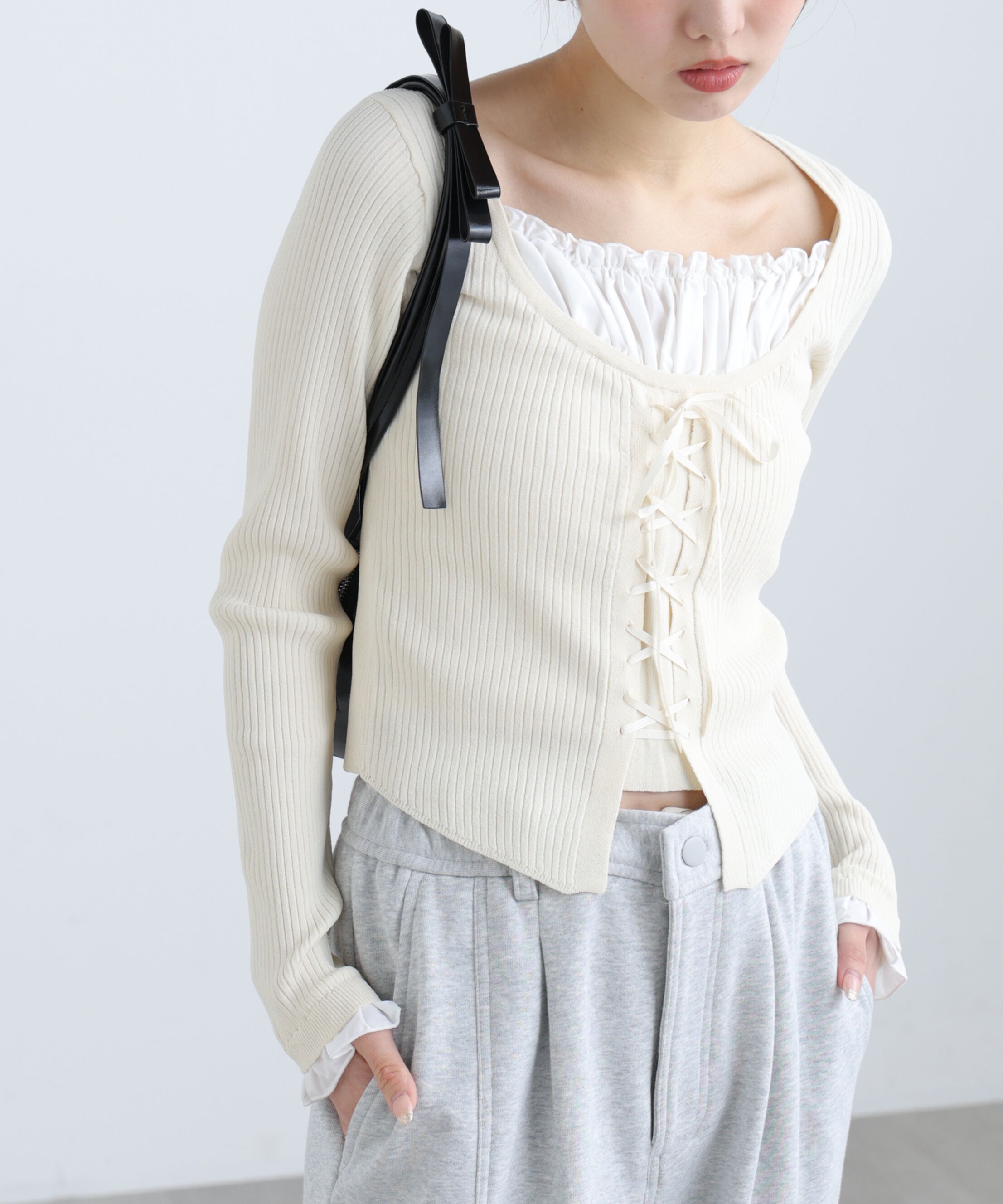  「インナードッキングレースアップリブニット」|ニット・セーター|オフ