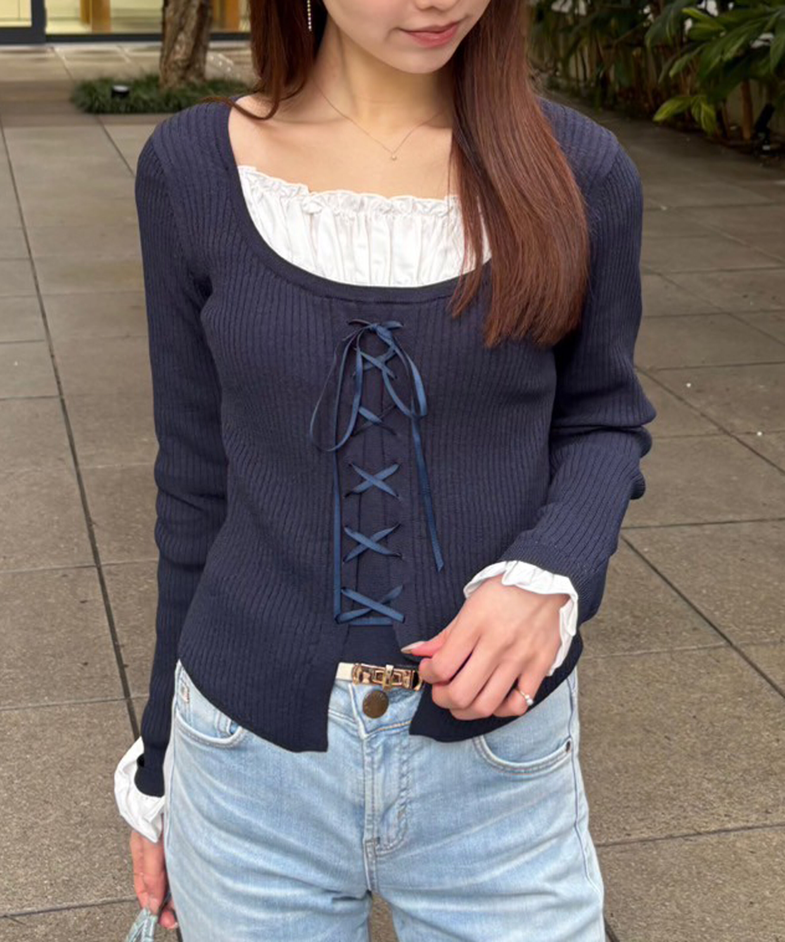  「インナードッキングレースアップリブニット」|ニット・セーター|ネイビー