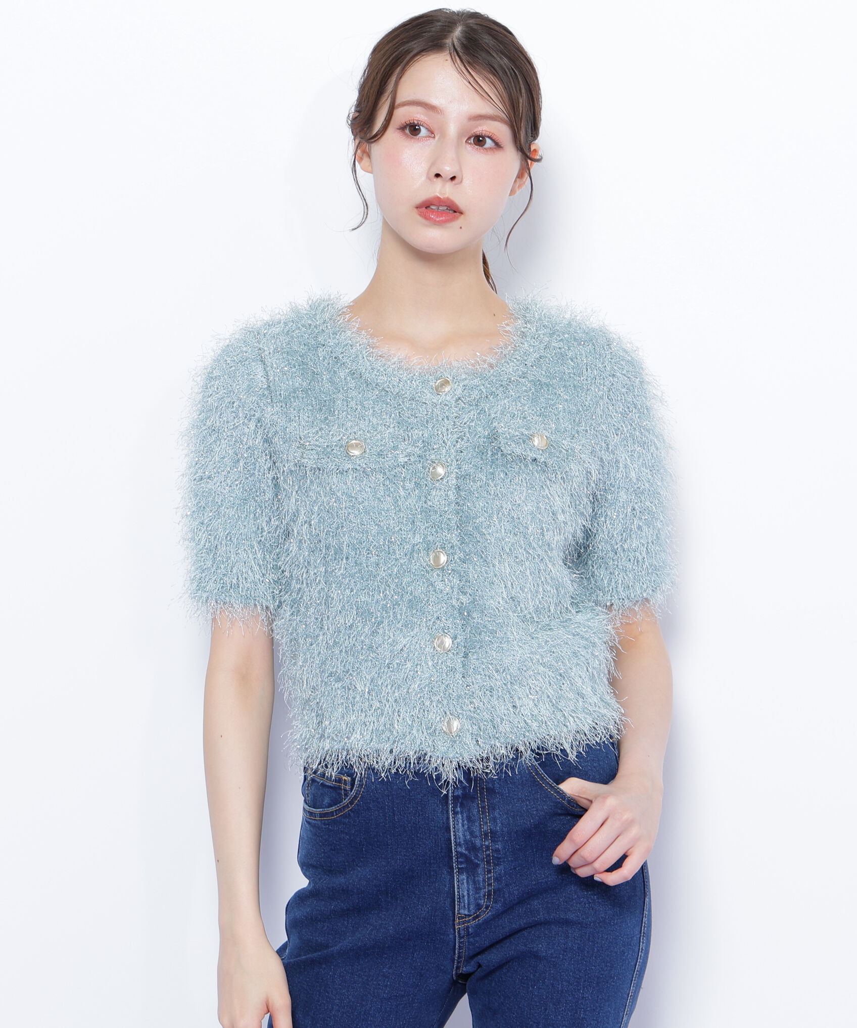  「ラメフェザーニットジャケット」|ニット・セーター|