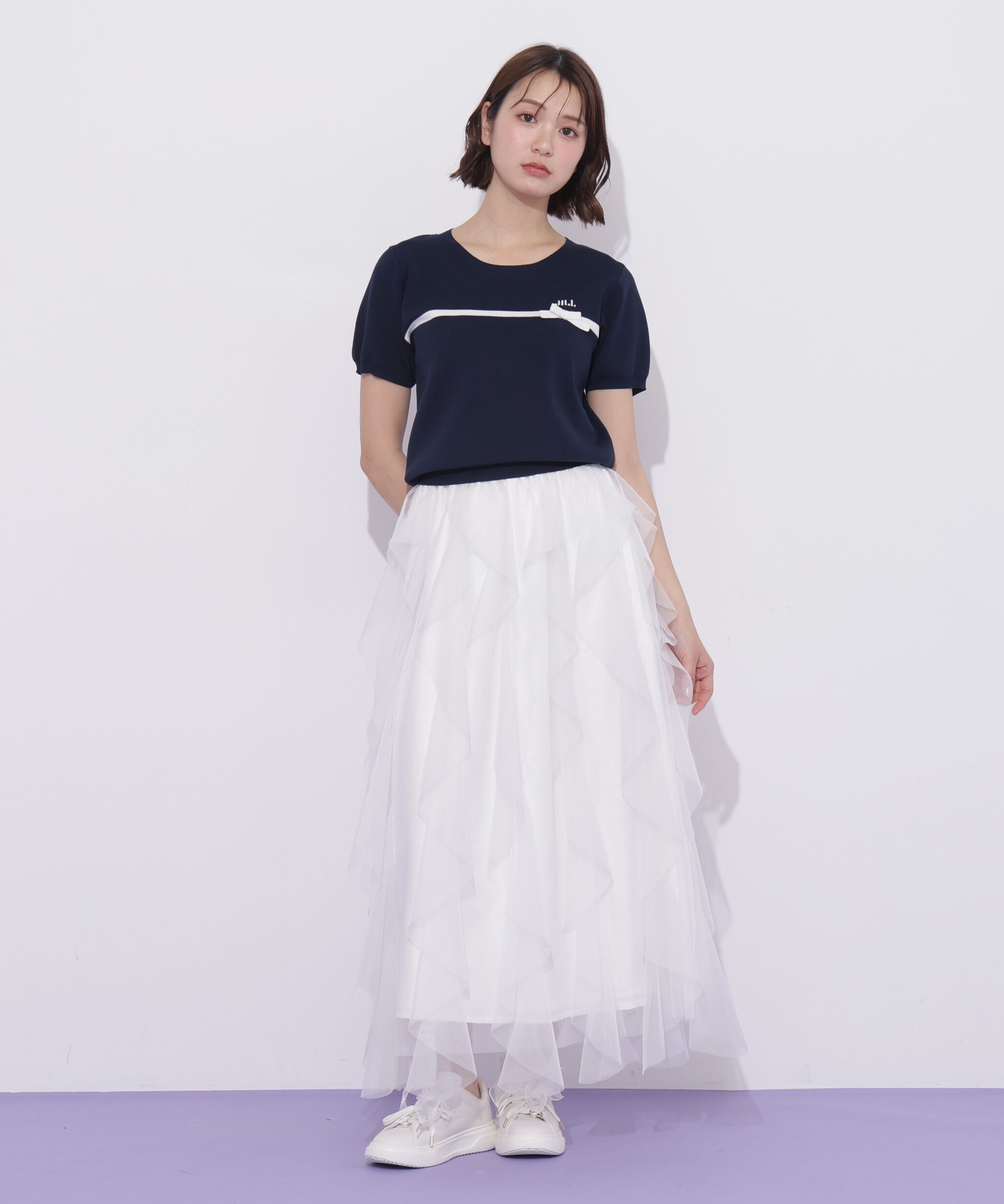  「ラインリボン半袖ニット」|ニット・セーター|