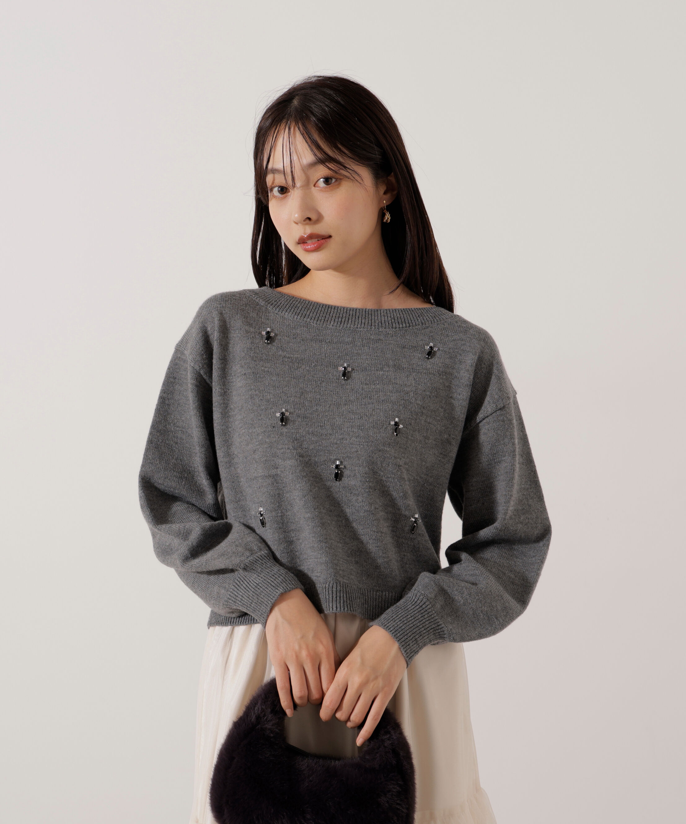 PROPORTION BODY DRESSING「ビジュー付きボックスニット」|ニット・セーター|チャコール2