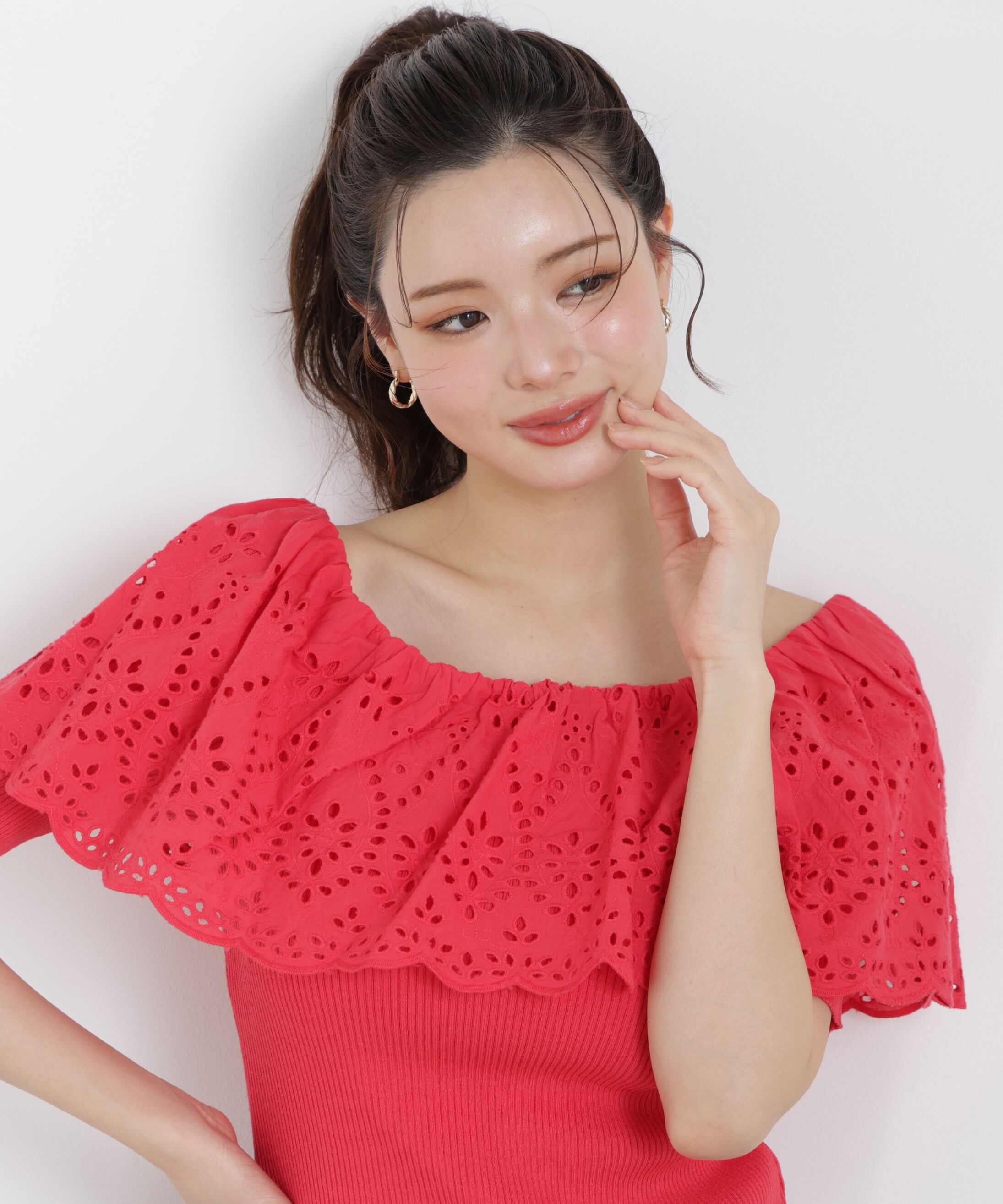 PROPORTION BODY DRESSING「スカラップレースオフショルニット　26SS」|ニット・セーター|ピンク