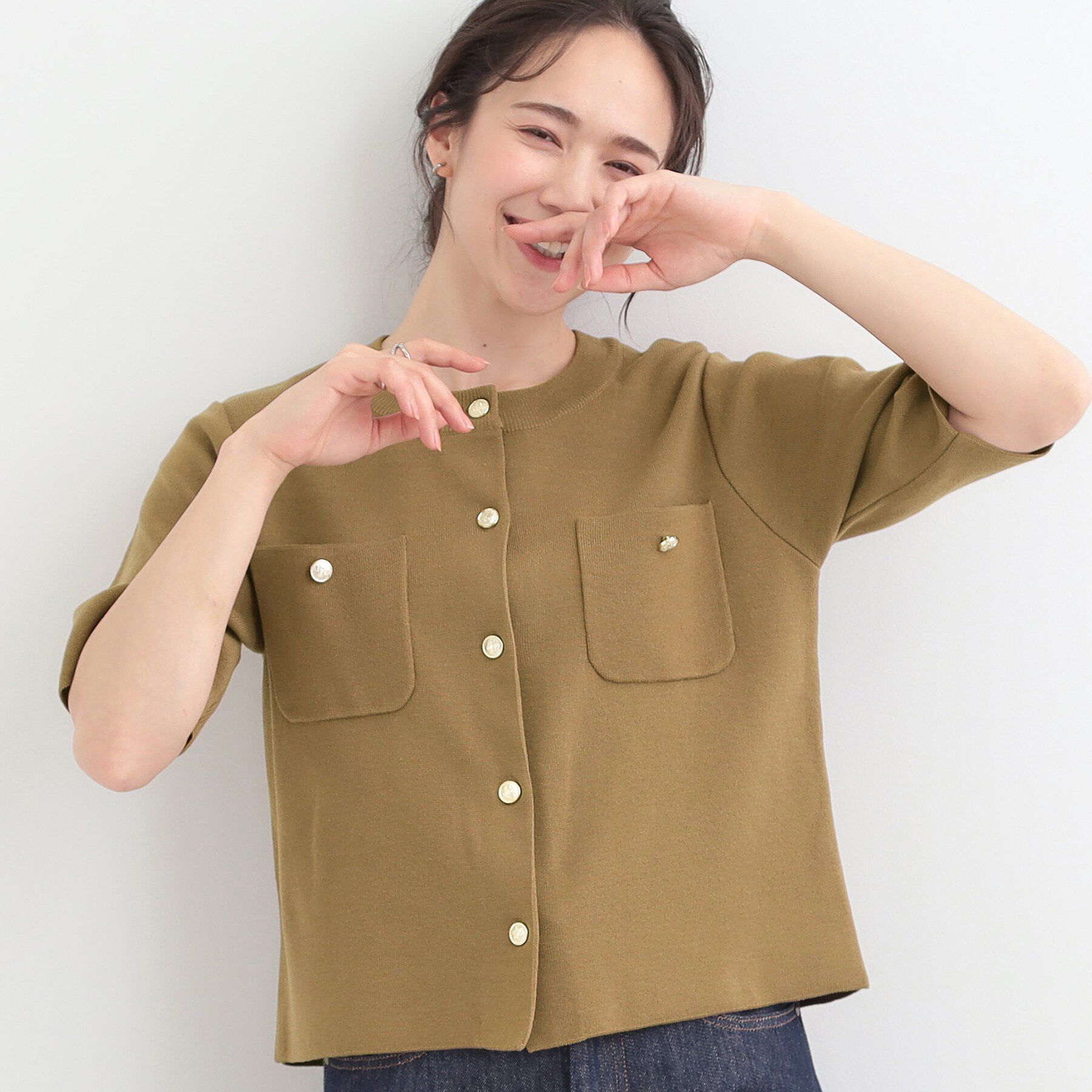 SHOO･LA･RUE「【S-LL/洗濯機可】金ボタン5分袖カーディガン」|カーディガン|ベージュ(052)