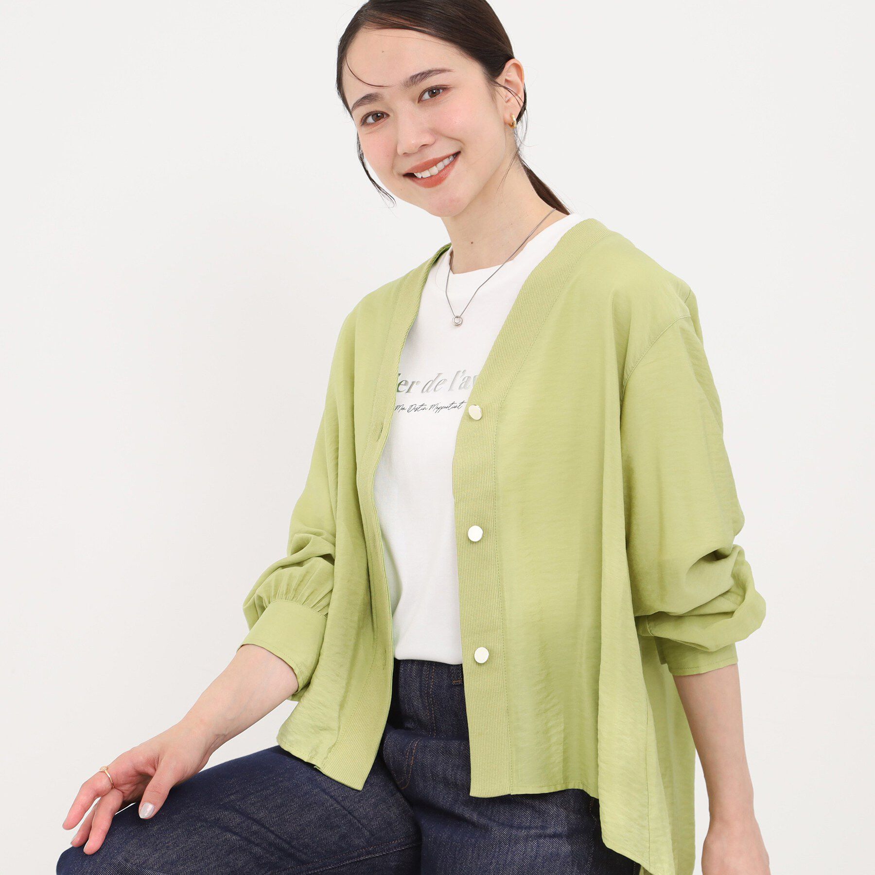 SHOO･LA･RUE「シアーVネックブラウス」|シャツ・ブラウス|グリーン(025)