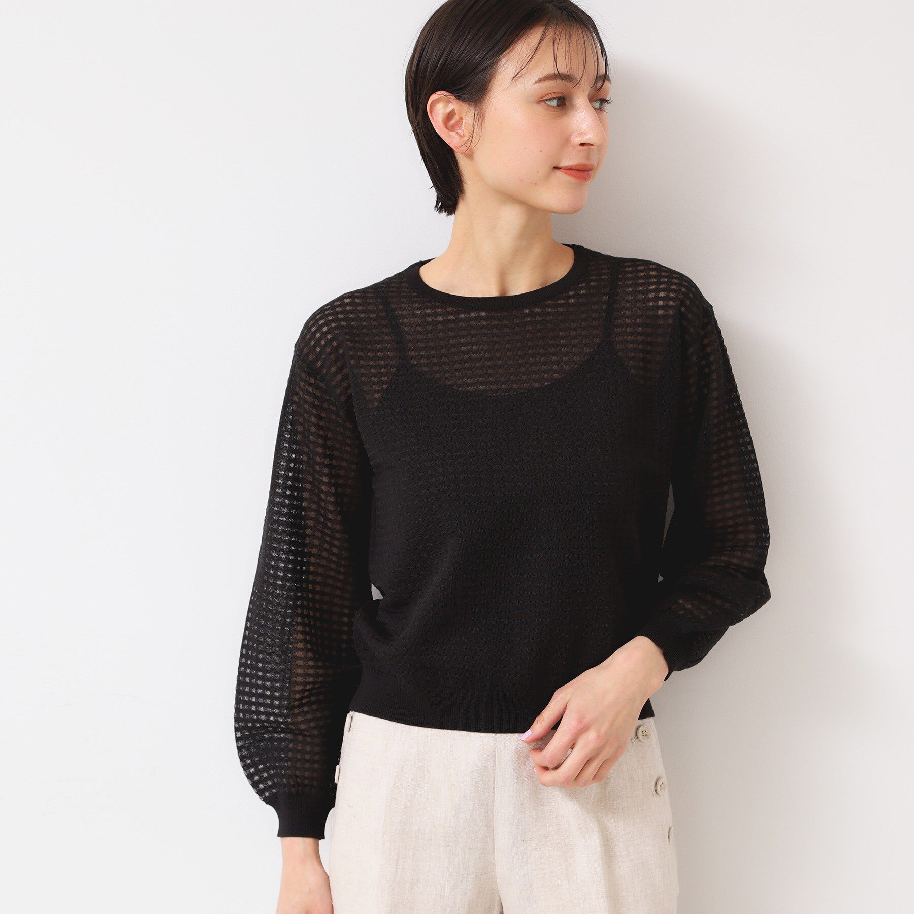 Dessin「【洗える】チェック柄シアーニット」|ニット・セーター|