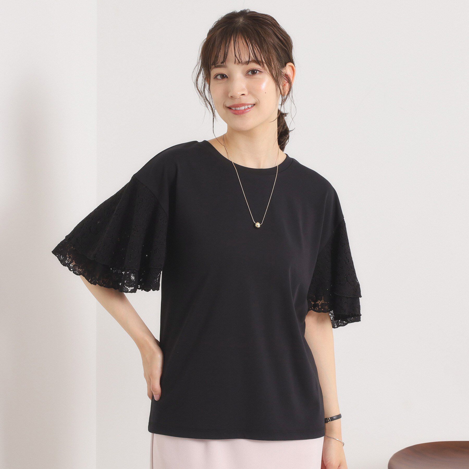 ITS&rsquo;DEMO「【手洗い可】袖フレアレースプルオーバー」|Tシャツ・カットソー|ブラック(019)