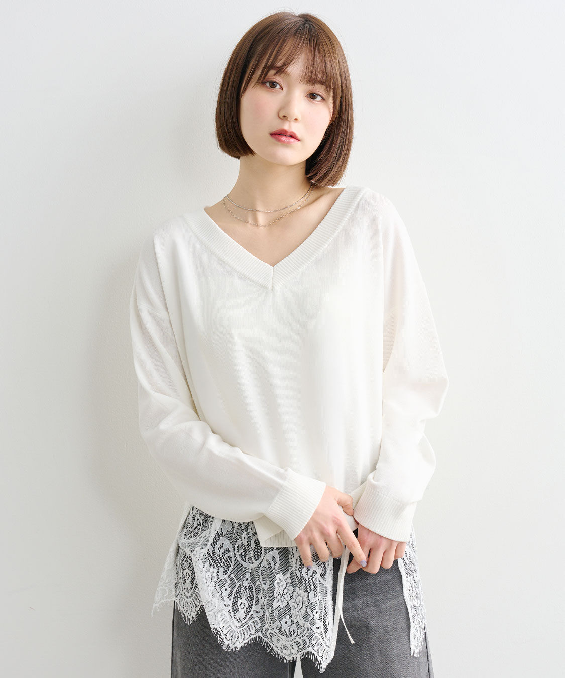 COCO DEAL「レースレイヤードVネックニット」|ニット・セーター|オフ