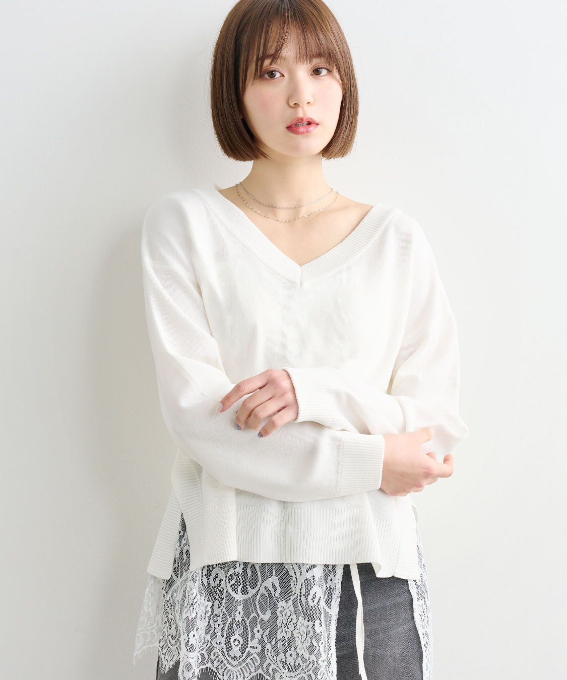 COCO DEAL「レースレイヤードVネックニット」|ニット・セーター|
