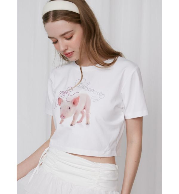 CALNAMUR「PIGLET RIBBON BIJOU TSHIRTS/ピグレットリボンビジューTシャツ」|Tシャツ・カットソー|