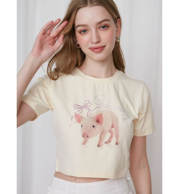 CALNAMUR「PIGLET RIBBON BIJOU TSHIRTS/ピグレットリボンビジューTシャツ」|Tシャツ・カットソー|