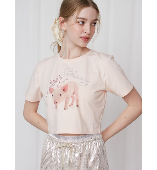 CALNAMUR「PIGLET RIBBON BIJOU TSHIRTS/ピグレットリボンビジューTシャツ」|Tシャツ・カットソー|
