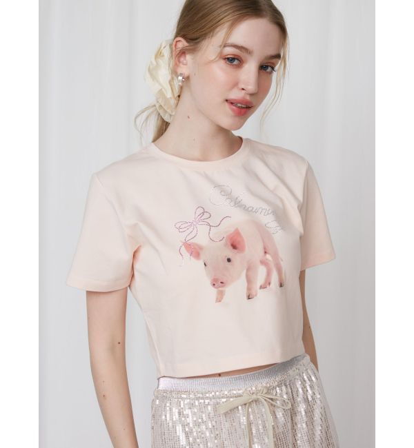 CALNAMUR「PIGLET RIBBON BIJOU TSHIRTS/ピグレットリボンビジューTシャツ」|Tシャツ・カットソー|