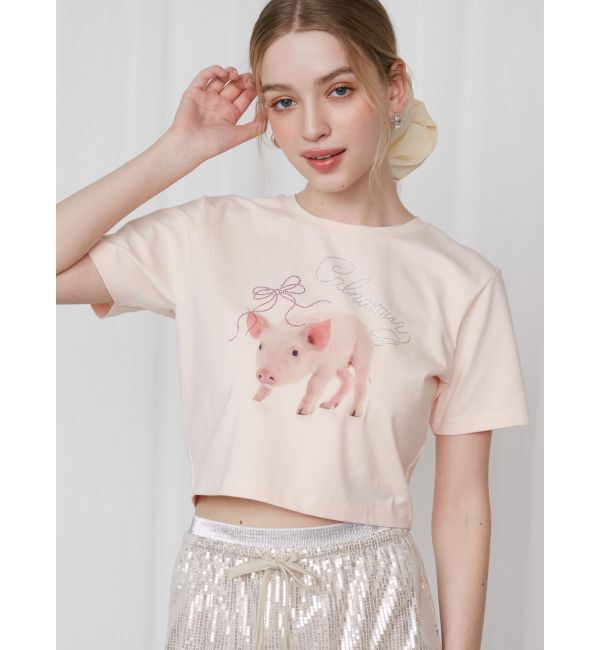 CALNAMUR「PIGLET RIBBON BIJOU TSHIRTS/ピグレットリボンビジューTシャツ」|Tシャツ・カットソー|