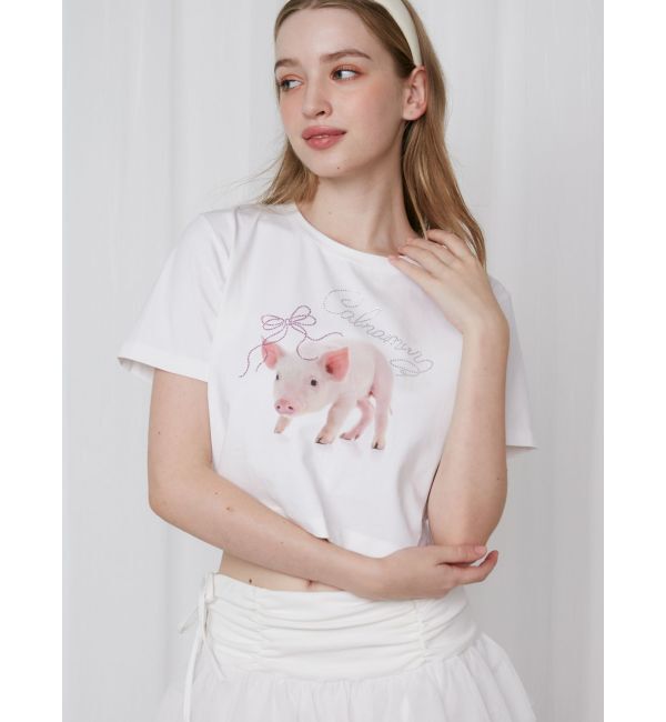 CALNAMUR「PIGLET RIBBON BIJOU TSHIRTS/ピグレットリボンビジューTシャツ」|Tシャツ・カットソー|