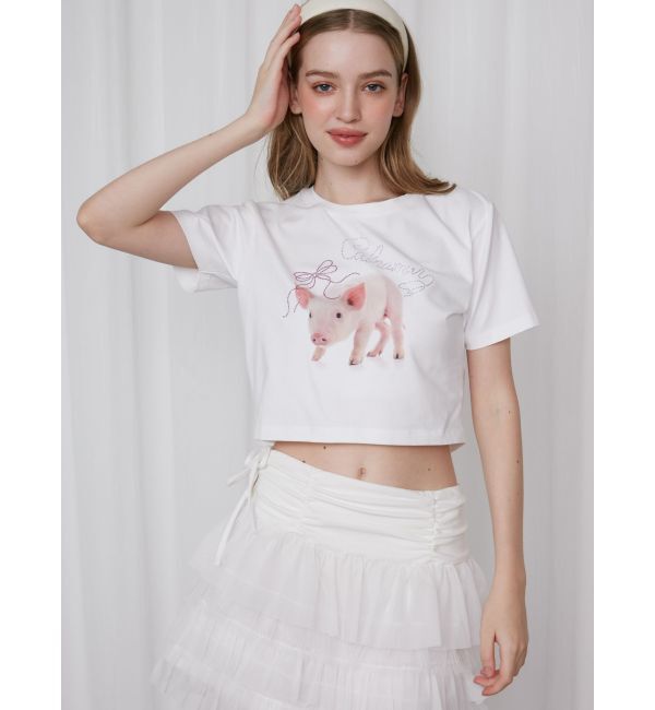 CALNAMUR「PIGLET RIBBON BIJOU TSHIRTS/ピグレットリボンビジューTシャツ」|Tシャツ・カットソー|