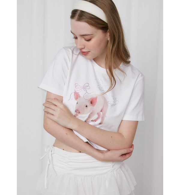 CALNAMUR「PIGLET RIBBON BIJOU TSHIRTS/ピグレットリボンビジューTシャツ」|Tシャツ・カットソー|