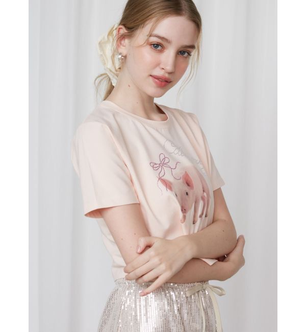 CALNAMUR「PIGLET RIBBON BIJOU TSHIRTS/ピグレットリボンビジューTシャツ」|Tシャツ・カットソー|