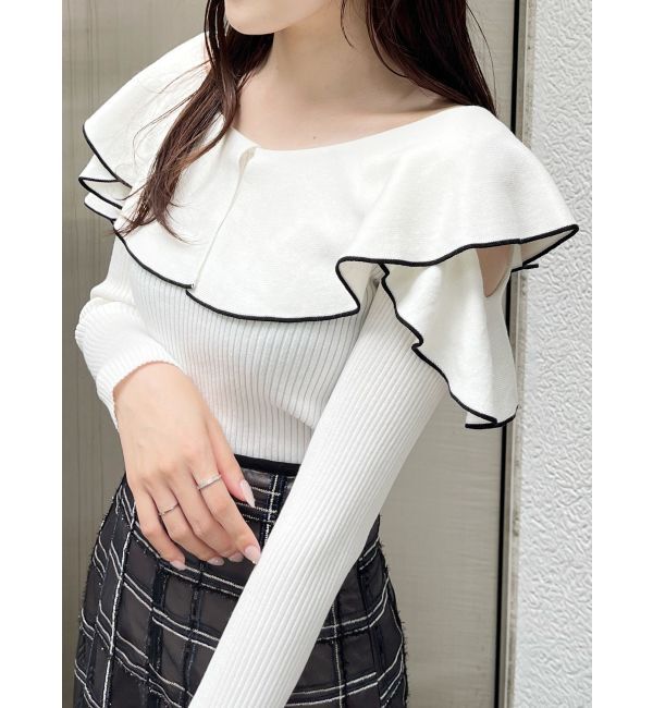 MERCURYDUO「オープンショルダーラッフルニット」|ニット・セーター|オフホワイト