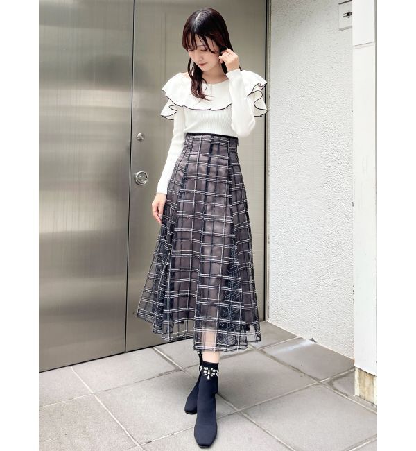 MERCURYDUO「オープンショルダーラッフルニット」|ニット・セーター|